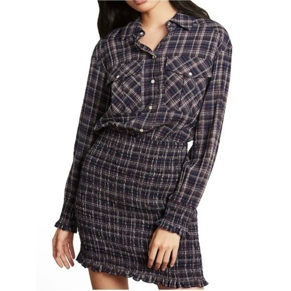 Veronica Beard Plaid Metallic Snap Front Smocked Mini Dress Navy 4 Quiet Luxury